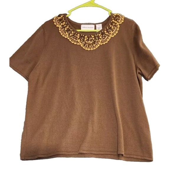Alfred Dunner Safari Chocolate Brown Wood Beads Embellishments Top Women's L NWT - Picture 1 of 10